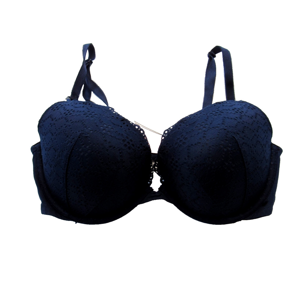Victoria Secret Push Up Bra Size 36D Navy Blue Underwire Lace Overlay